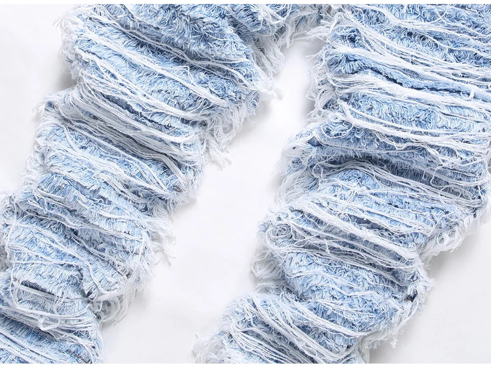 Light Blue Fringe Destroyed Pants , - Streetwear Pants - Slick Street