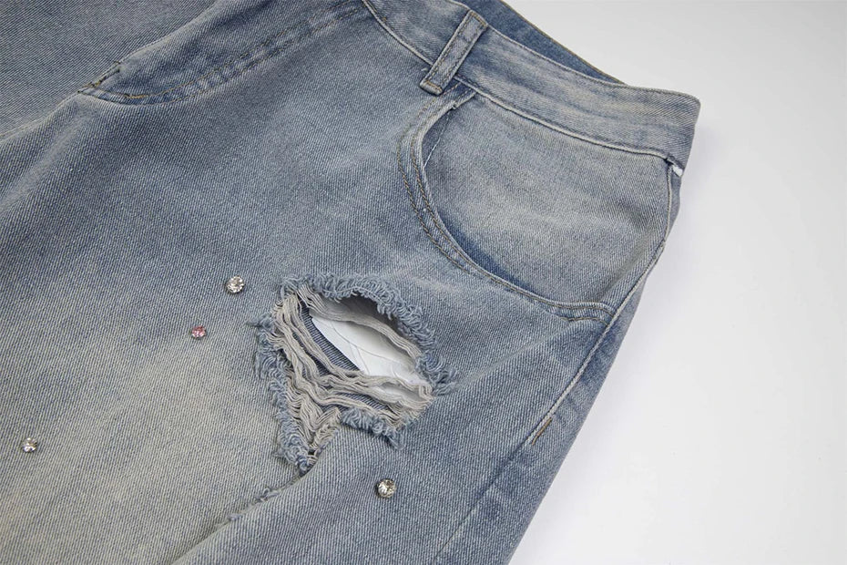 Rhinestone Denim Ripped Shorts , - Streetwear Shorts - Slick Street