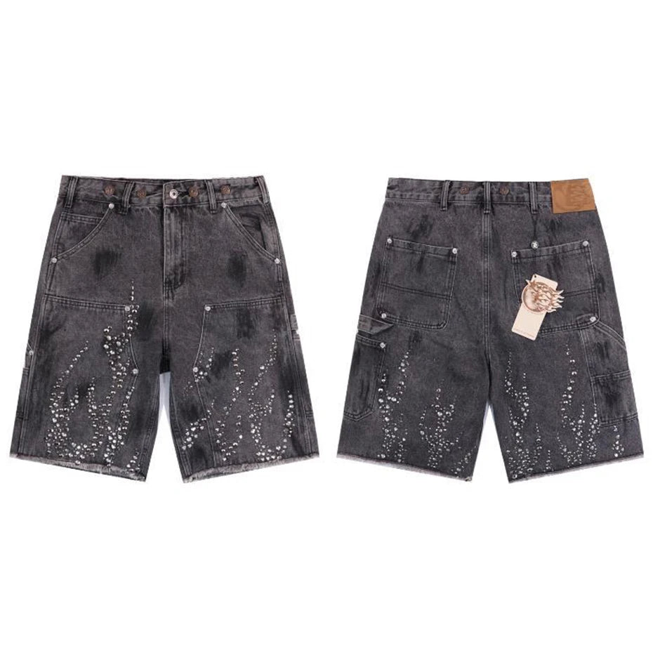 Fire Diamond Denim Rhinestone Shorts , - Streetwear Shorts - Slick Street