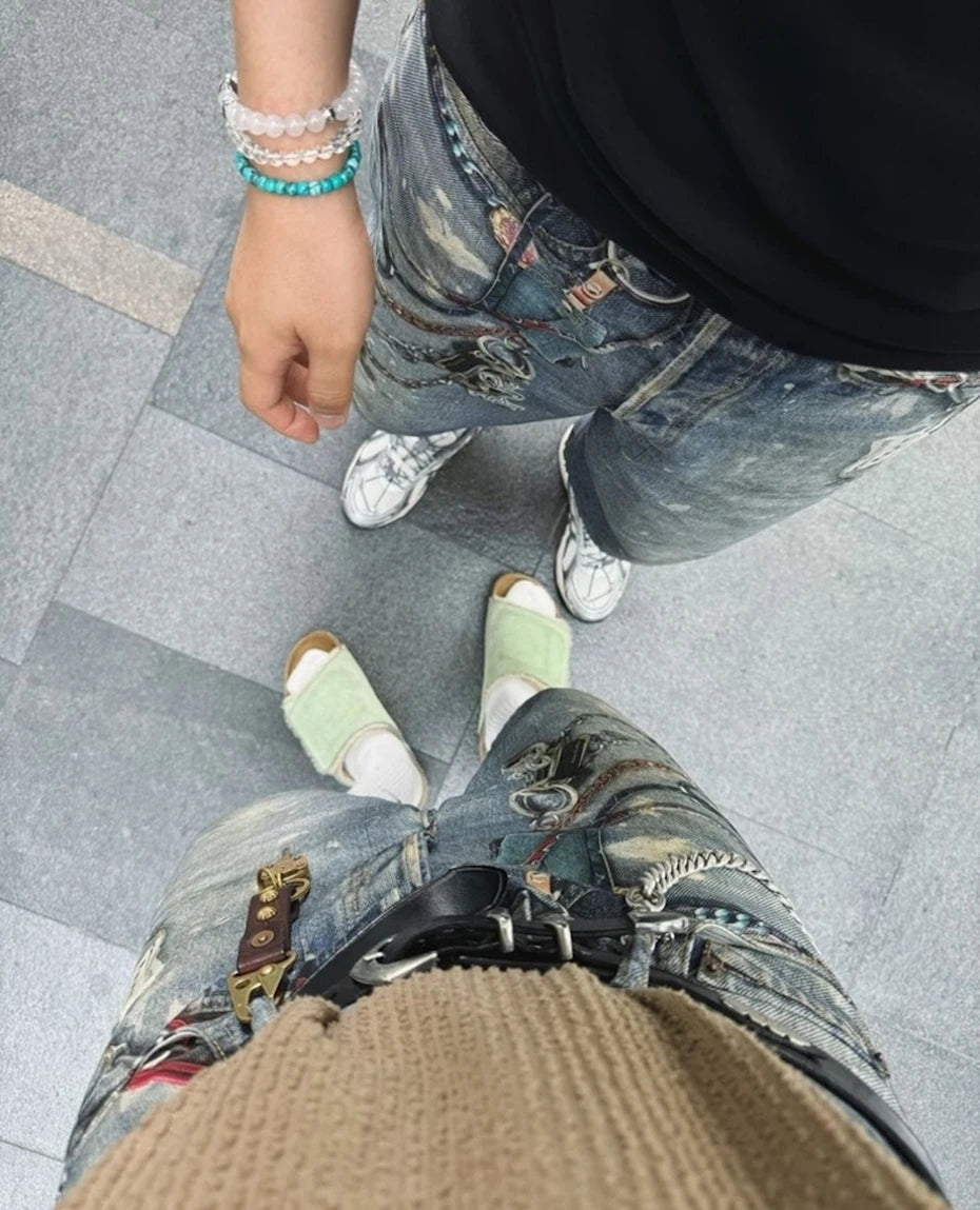 Hanging Keychain Graphic Denim Shorts , - Streetwear Shorts - Slick Street