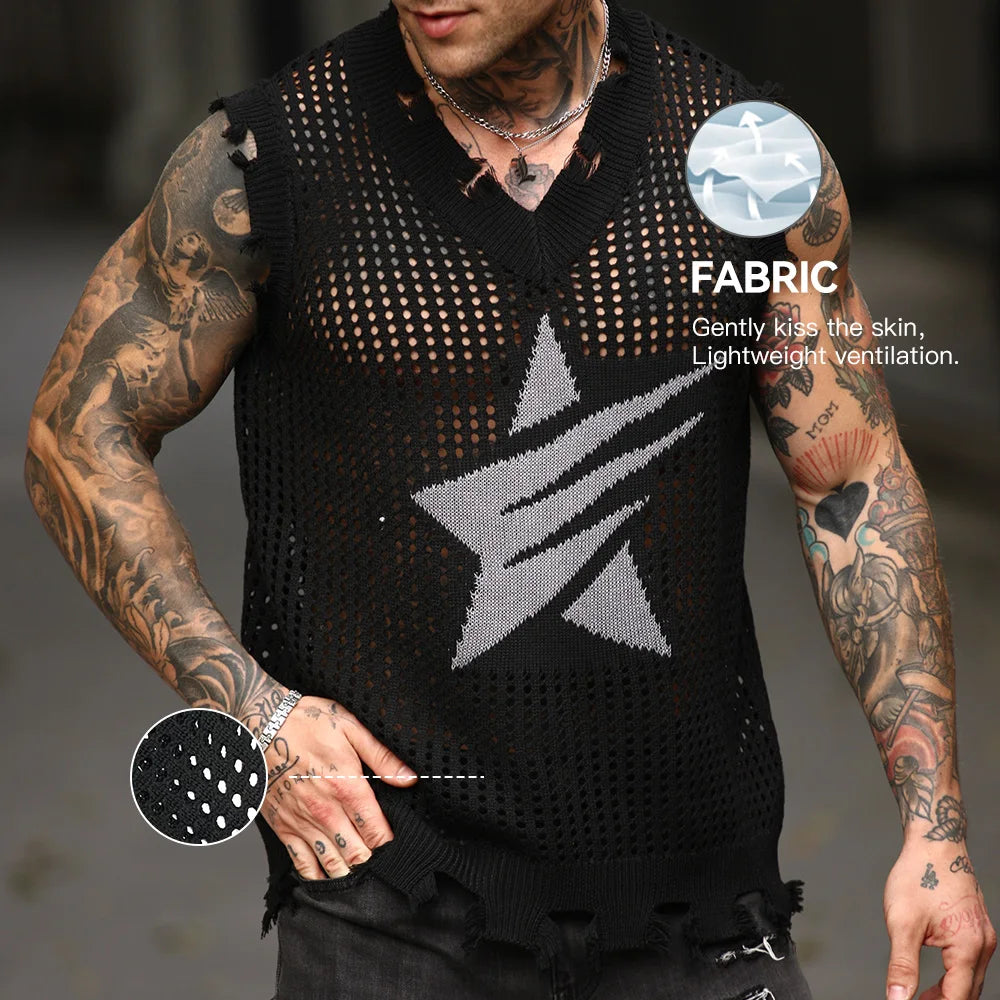 Solid Star Knitted Ripped Vest , - Streetwear Vest - Slick Street