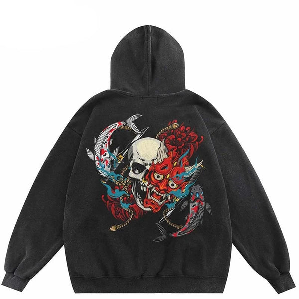 Black Oni Mask Skull Devil Graphic Hoodie ,  - Streetwear Hoodie - Slick Street