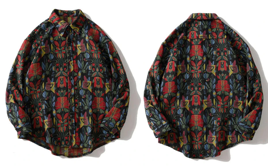 Aztec Floral Art Button-Up Shirt , - Streetwear Shirt - Slick Street