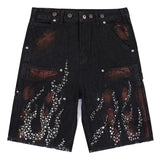 Fire Diamond Denim Rhinestone Shorts black, S - Streetwear Shorts - Slick Street