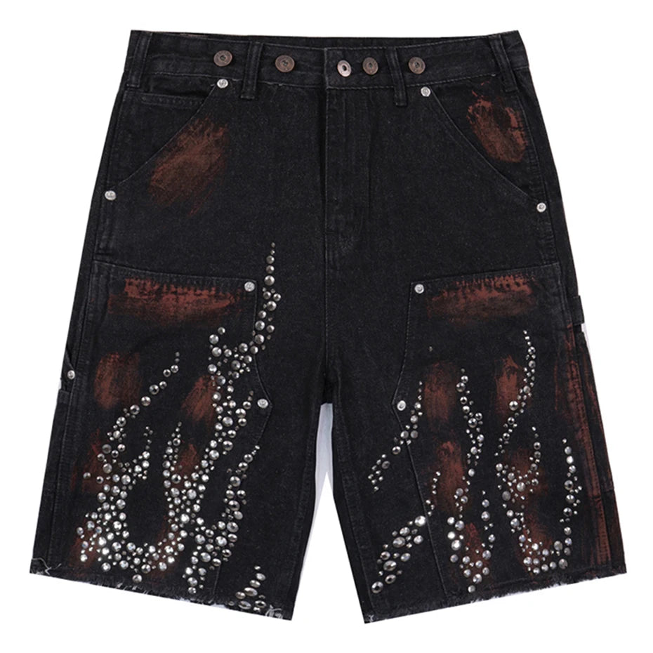 Fire Diamond Denim Rhinestone Shorts black, S - Streetwear Shorts - Slick Street