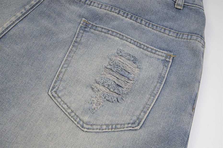 Rhinestone Denim Ripped Shorts , - Streetwear Shorts - Slick Street