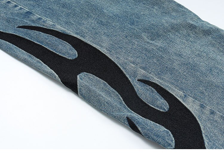 HTH Flame Embroidery Blue Denim Pants ,  - Streetwear Pants - Slick Street
