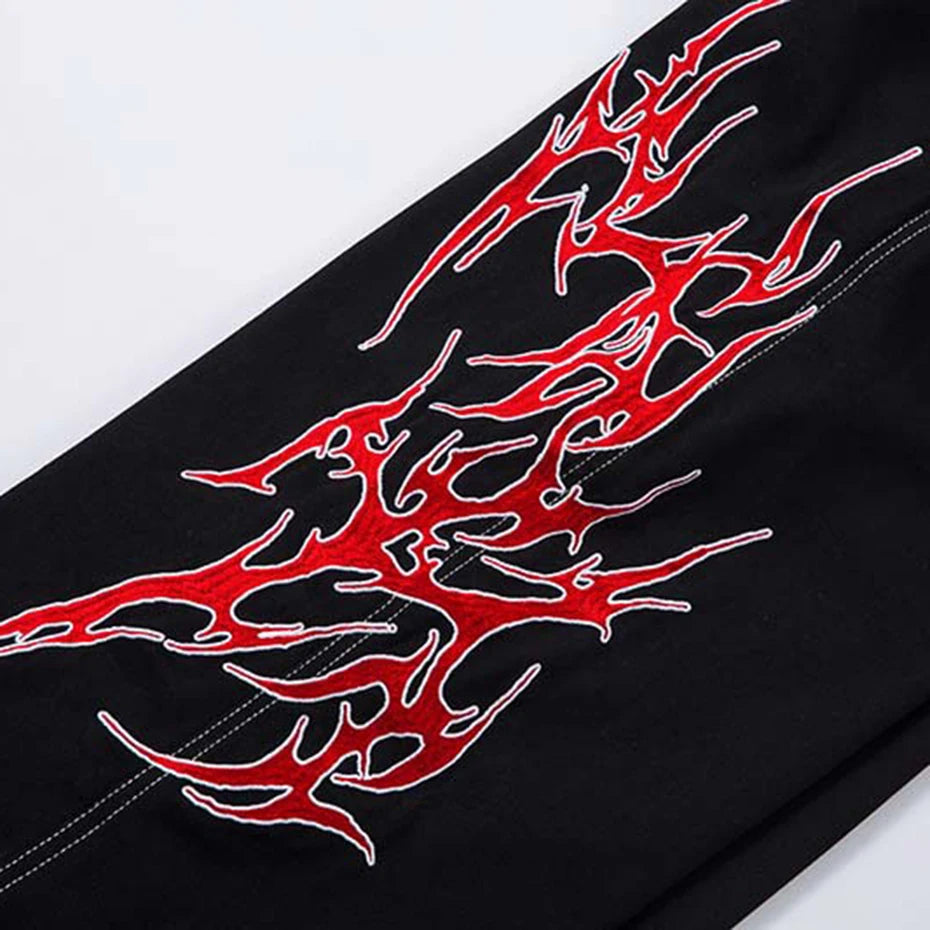 Flame Embroidery Straight Leg Pants , - Streetwear Pants - Slick Street