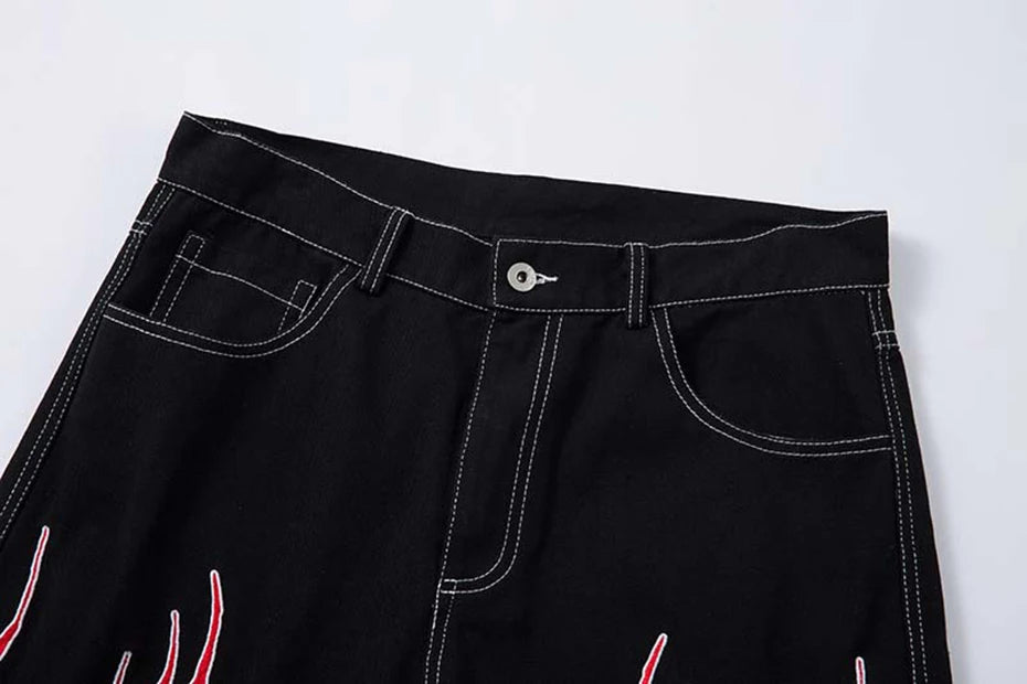 Flame Embroidery Straight Leg Pants , - Streetwear Pants - Slick Street