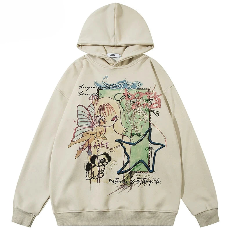 Fairy Star Ivory Cartoon Graffiti Graphic Pullover Hoodie ,  - Streetwear Hoodie - Slick Street