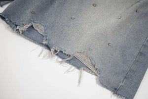 Rhinestone Denim Ripped Shorts , - Streetwear Shorts - Slick Street