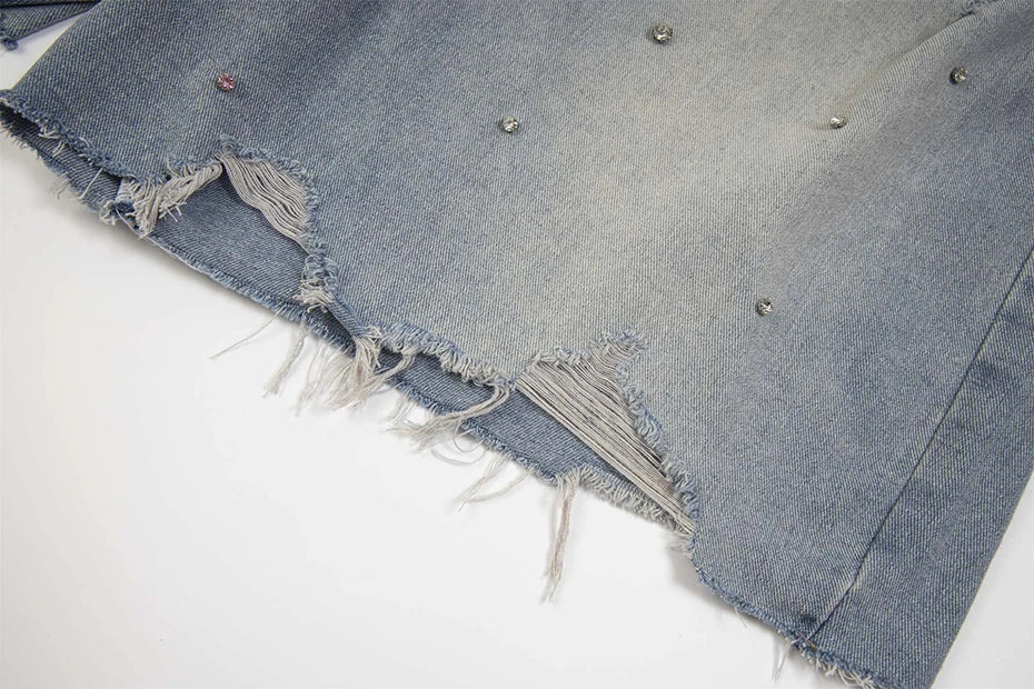 Rhinestone Denim Ripped Shorts , - Streetwear Shorts - Slick Street