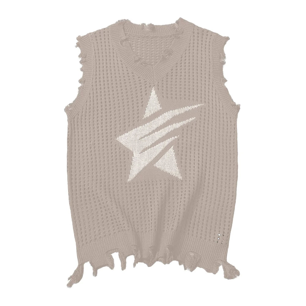 Solid Star Knitted Ripped Vest Khaki, S - Streetwear Vest - Slick Street