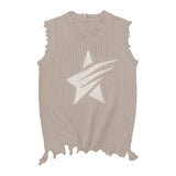 Solid Star Knitted Ripped Vest Khaki, S - Streetwear Vest - Slick Street