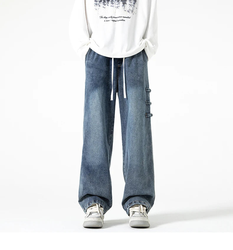 Straight Legs Side Coil Button Pants , - Streetwear Jeans - Slick Street