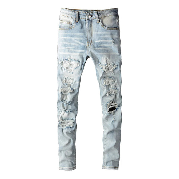 Light Blue Crystal Holes Pencil Pants Blue, 26 - Streetwear Pants - Slick Street
