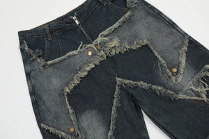 Blue Denim Tassel Star Shorts , - Streetwear Shorts - Slick Street
