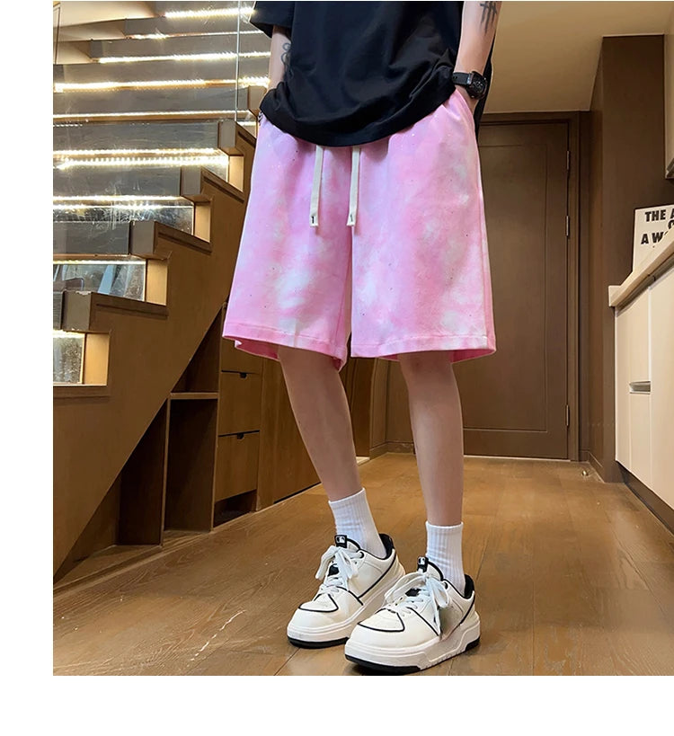 Tie-Dye Denim Texture Knee Length Shorts Pink, XS - Streetwear Shorts - Slick Street