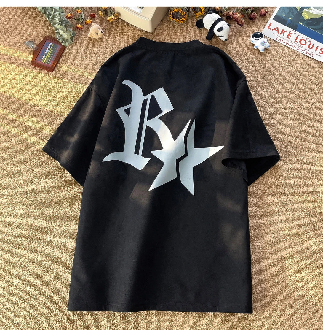 Elegant Capital R With Star Embossed T-Shirt Black, XXS - Streetwear T-Shirt - Slick Street