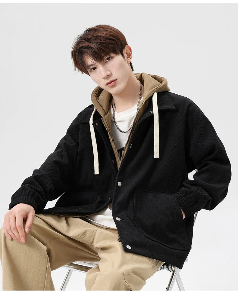 Corduroy Two Shade Elastic Waist And Sleeve Hoodie ,  - Streetwear Hoodie - Slick Street
