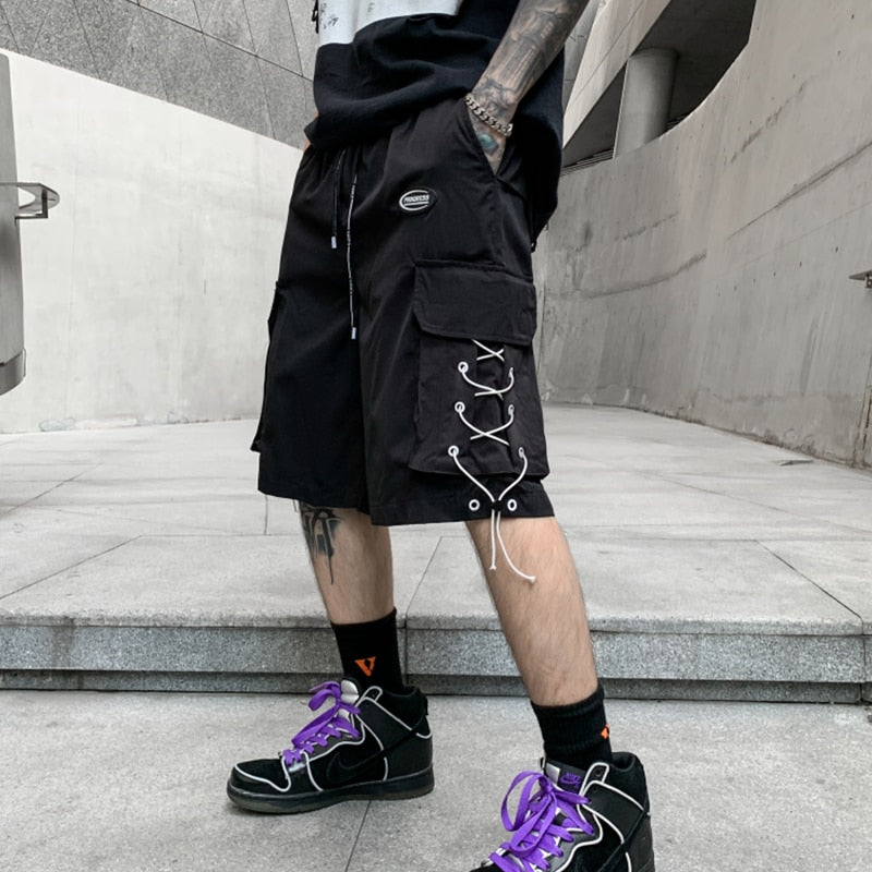 PROGRESS Jogging Braided Lace Design Shorts Black, XS - Streetwear Shorts - Slick Street