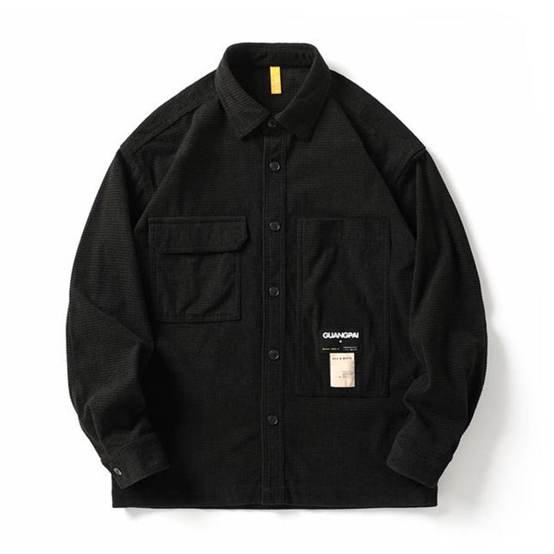 Corduroy Waffle Plaid Semi Collar Overshirt Black, XS - Streetwear Tops - Slick Street