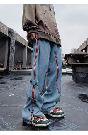 Red Striped Baggy Jeans , - Streetwear Jeans - Slick Street