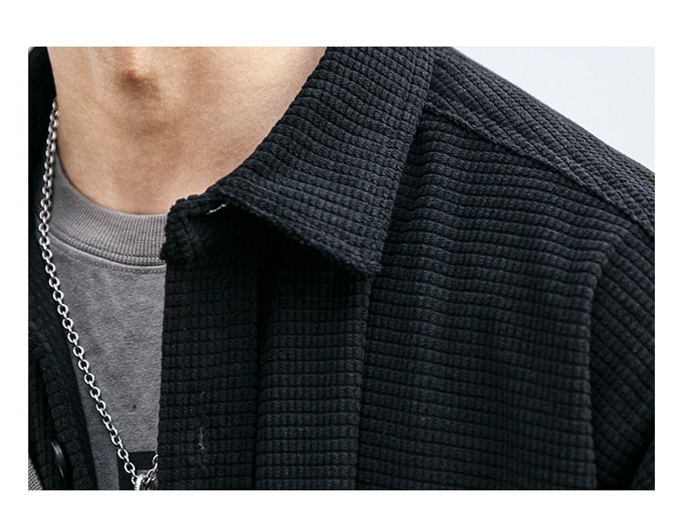 Corduroy Waffle Plaid Semi Collar Overshirt ,  - Streetwear Tops - Slick Street