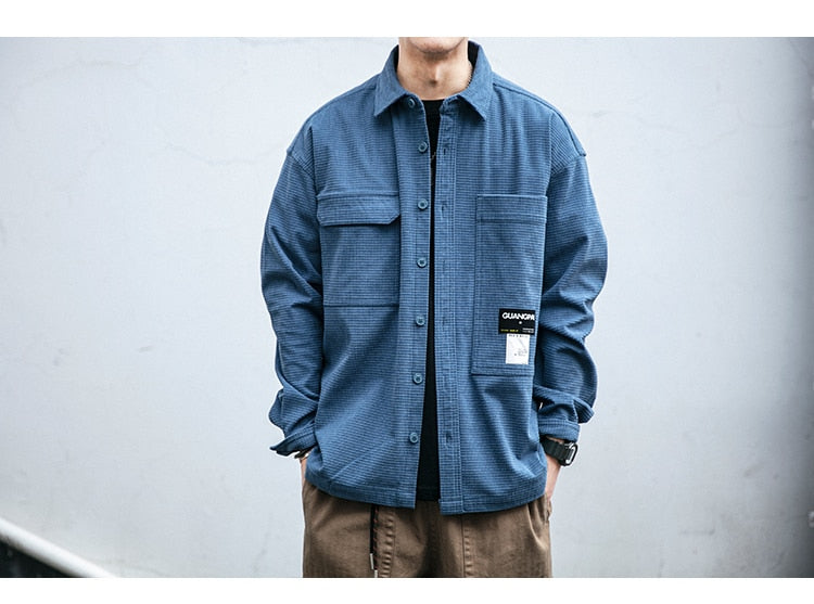 Corduroy Waffle Plaid Semi Collar Overshirt ,  - Streetwear Tops - Slick Street