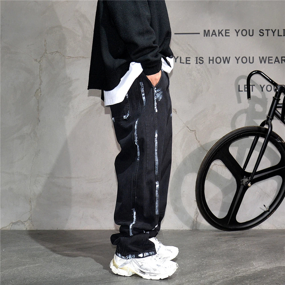 Ebony Black Splash Paint Style Pants , - Streetwear Pants - Slick Street