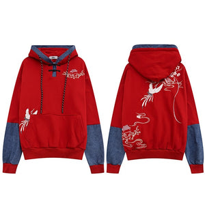 Japanese Minka Crane Bridge Patchwork Hoodie Red, M - Streetwear Hoodie - Slick Street