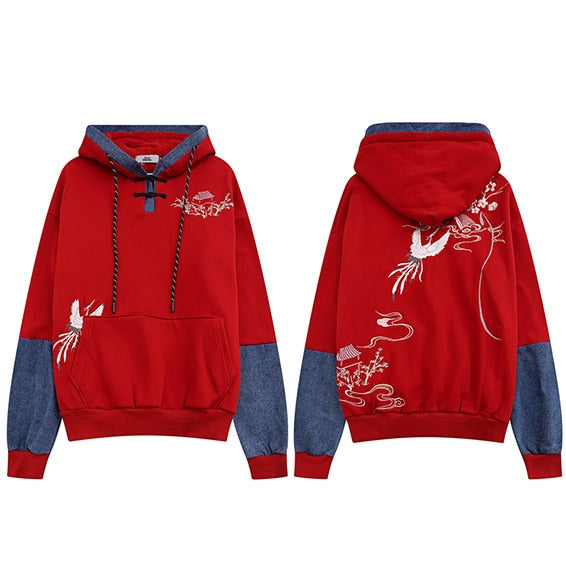 Japanese Minka Crane Bridge Patchwork Hoodie Red, M - Streetwear Hoodie - Slick Street