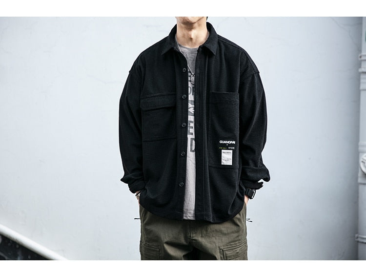 Corduroy Waffle Plaid Semi Collar Overshirt ,  - Streetwear Tops - Slick Street