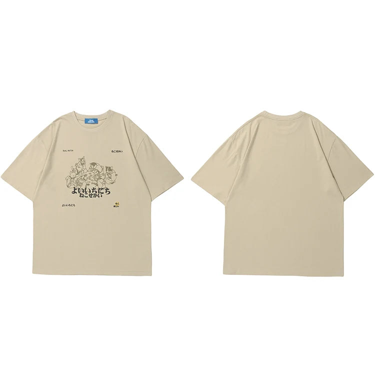 Dual Match Cats Playing Cards T-Shirt Khaki, S - Streetwear T-Shirts - Slick Street