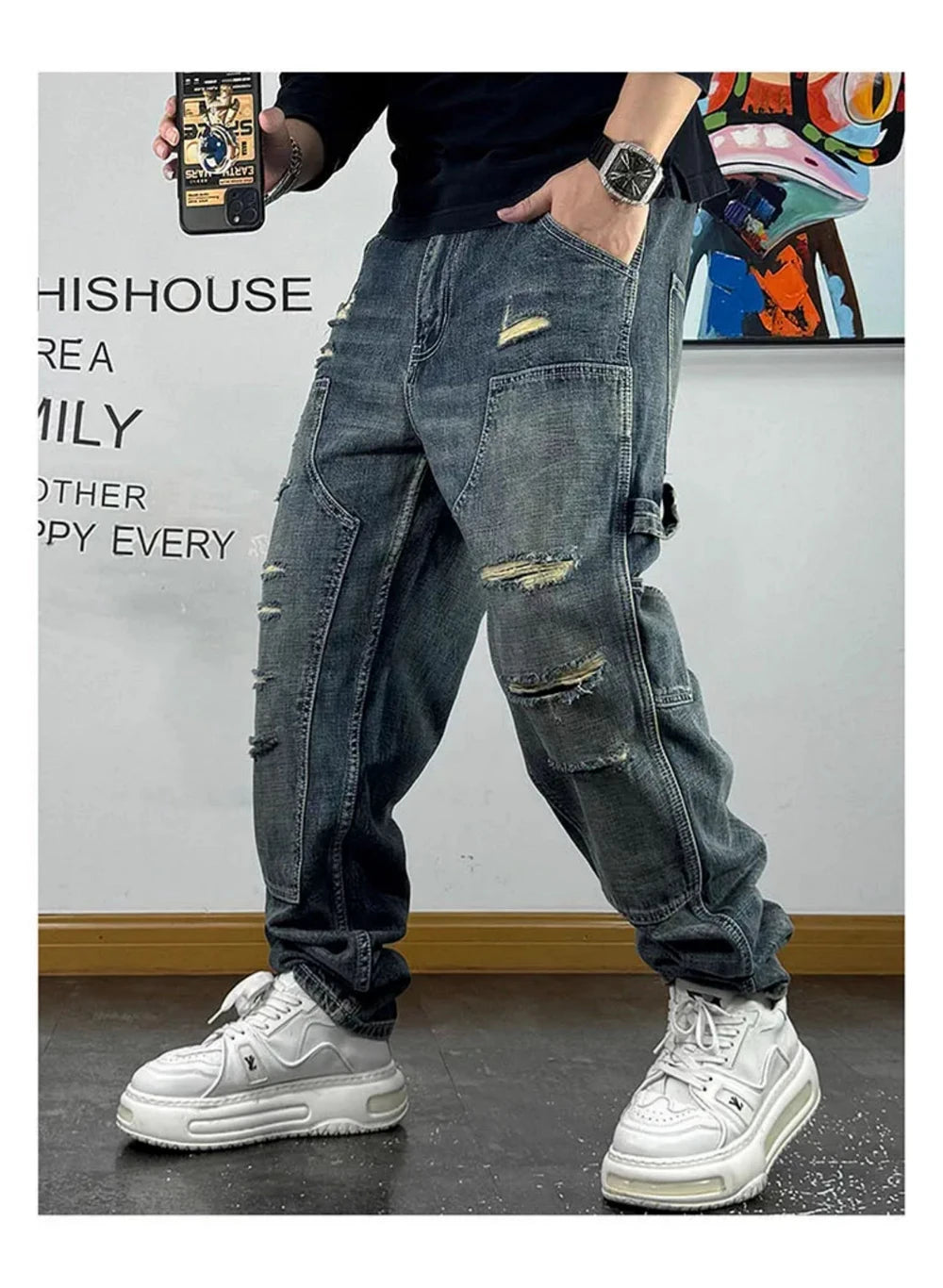 Ripped Denim Carpenter Jeans , - Streetwear Jeans - Slick Street