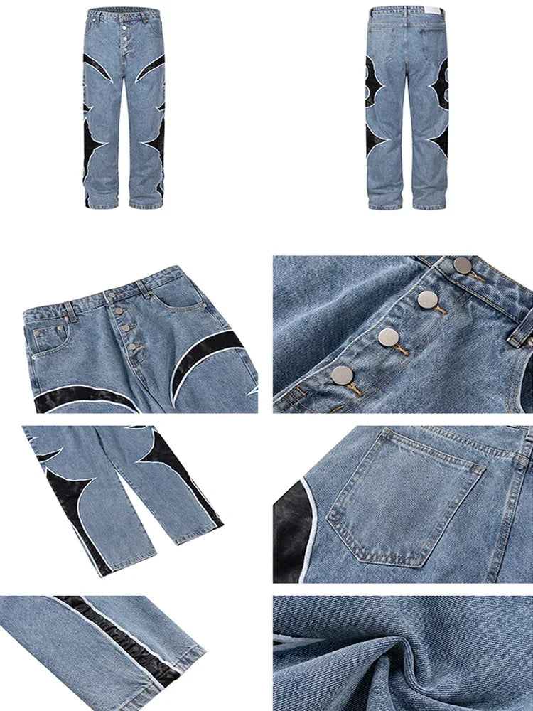 Crescent Embroidery Patchwork Baggy Pants ,  - Streetwear Pants - Slick Street