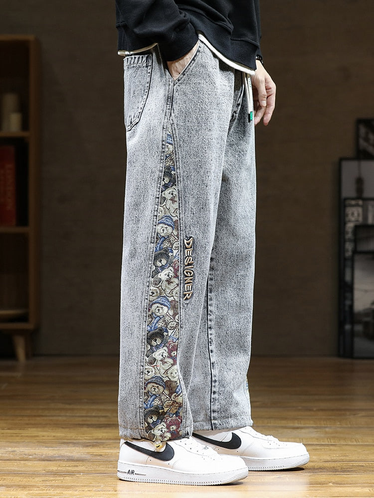 Designer Bear Patchwork Denim Pants ,  - Streetwear Pants - Slick Street