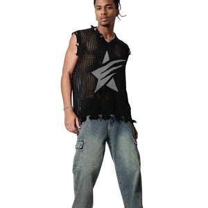 Solid Star Knitted Ripped Vest , - Streetwear Vest - Slick Street