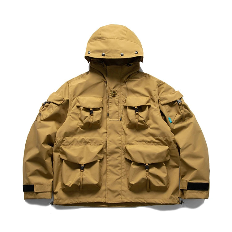 Large Size Multi Pocket Windbreaker Jacket Khaki, XS - Streetwear Jacket - Slick Street