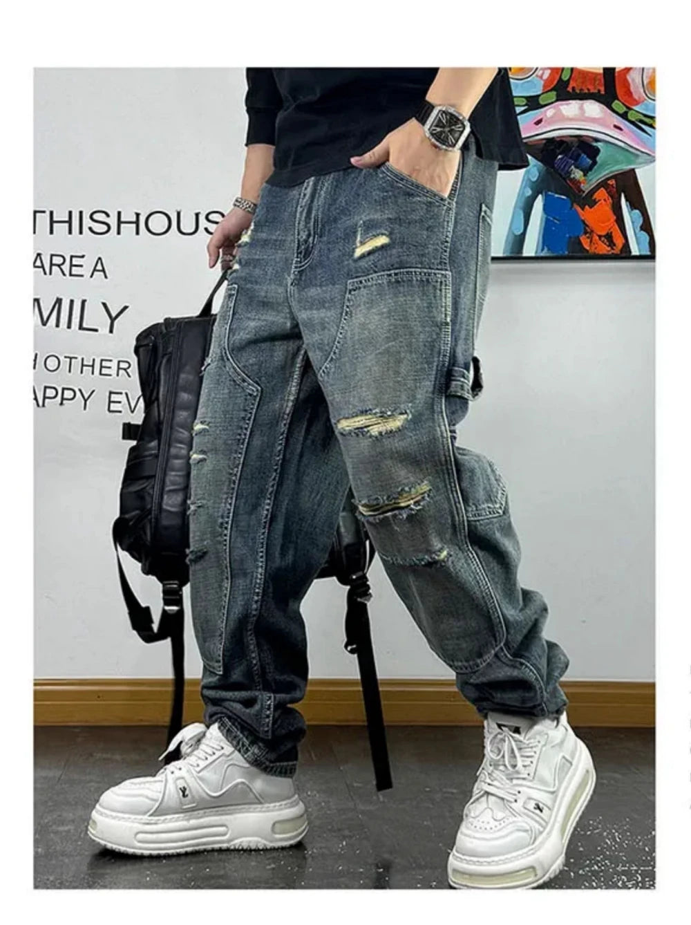 Ripped Denim Carpenter Jeans , - Streetwear Jeans - Slick Street