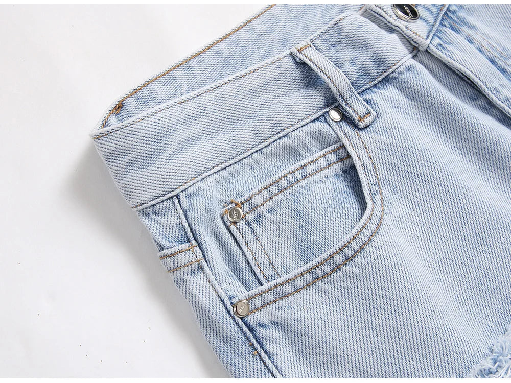 Light Blue Fringe Destroyed Pants , - Streetwear Pants - Slick Street