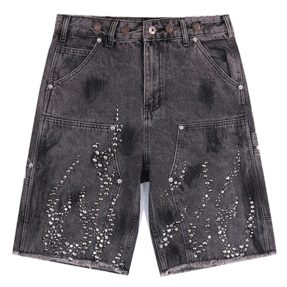 Fire Diamond Denim Rhinestone Shorts gray, S - Streetwear Shorts - Slick Street