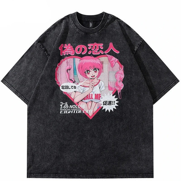 Coal Color Anime Cartoon Girl Loose T-Shirt ,  - Streetwear T-Shirt - Slick Street