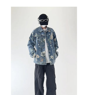 Vintage Floral Abstract Art Denim Jacket , - Streetwear Jacket - Slick Street