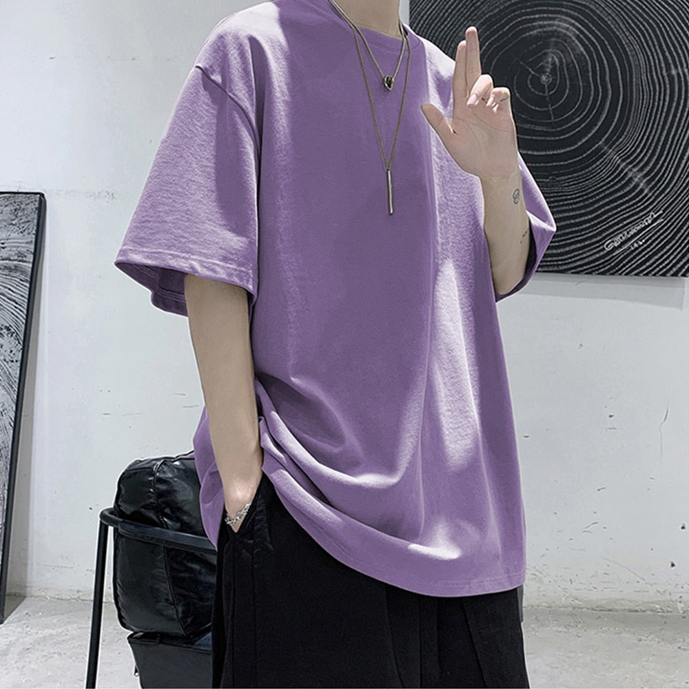 Loose Round Neck Plain T-Shirt Purple, S - Streetwear T-Shirts - Slick Street
