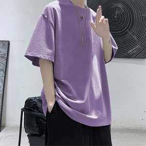 Loose Round Neck Plain T-Shirt Purple, S - Streetwear T-Shirts - Slick Street