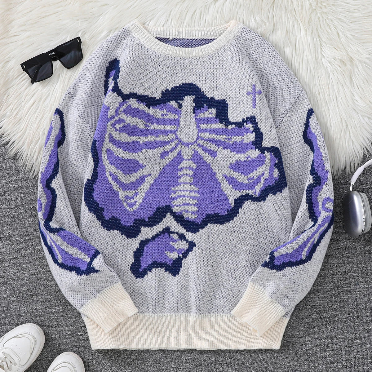 Pyro Skeleton Pullover Sweater White, S - Streetwear Sweater - Slick Street