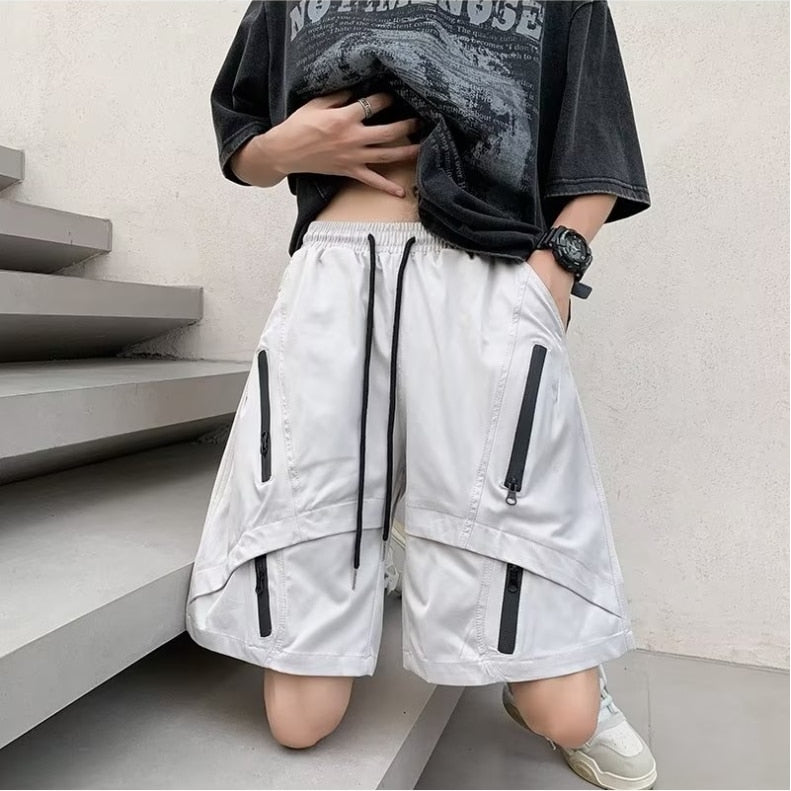 Multi Zipper Style Elastic Waist Shorts ,  - Streetwear Shorts - Slick Street
