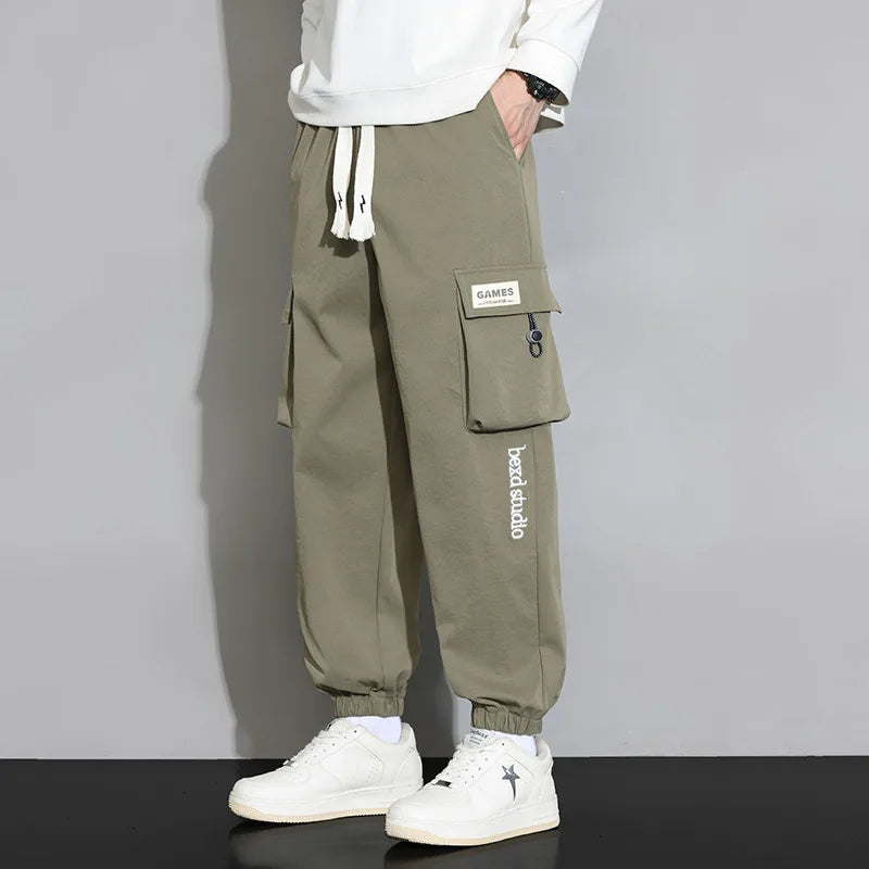 Plain Color Drawstring Knee Cargo Pocket Pants Army Green, XS - Streetwear Pants - Slick Street