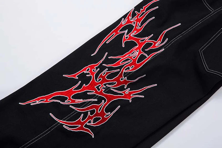 Flame Embroidery Straight Leg Pants , - Streetwear Pants - Slick Street